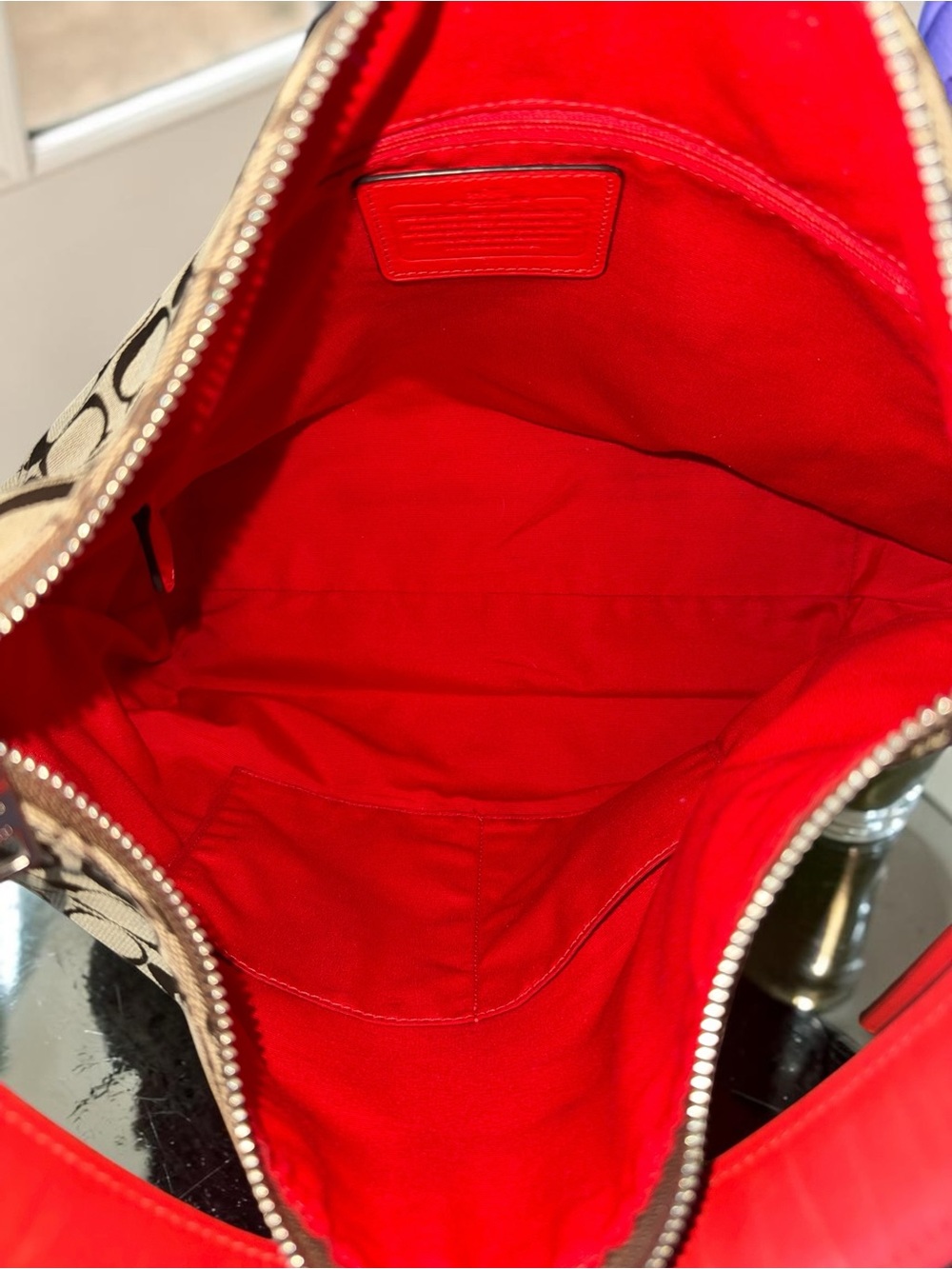Coach Brown Signature Canvas Hobo with Red Leather Handle and Tag - Picture 5 of 15